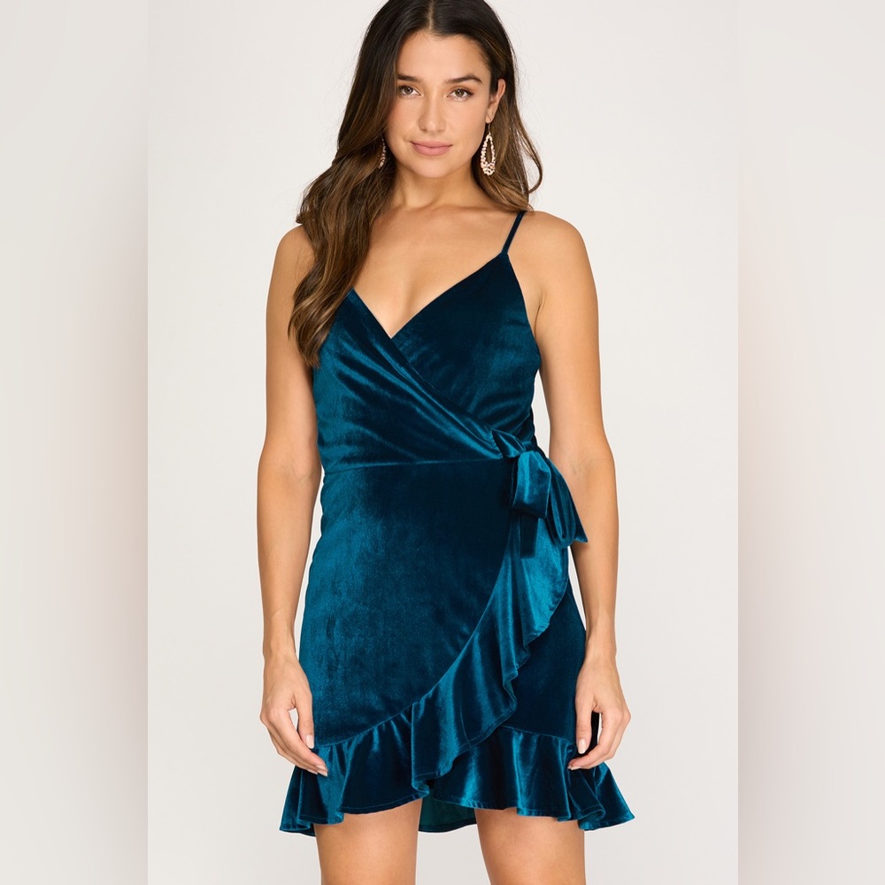 Knit Stretch Velvet Wrap Dress With Side Tie in Teal Blue